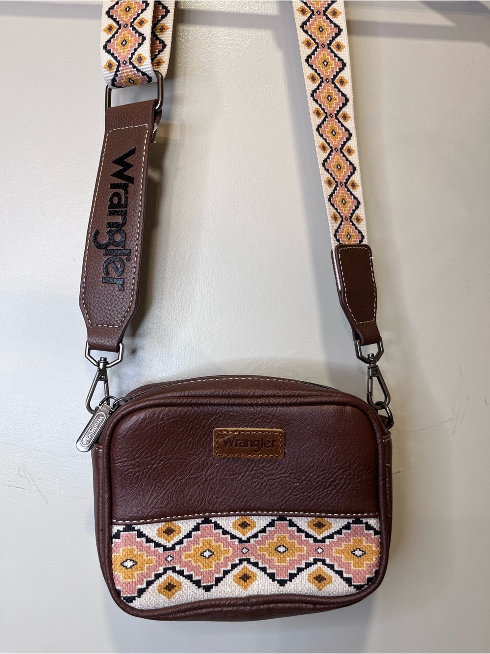 Wrangler Brown Crossbody Bag with Pink and Yellow Patterned Strap